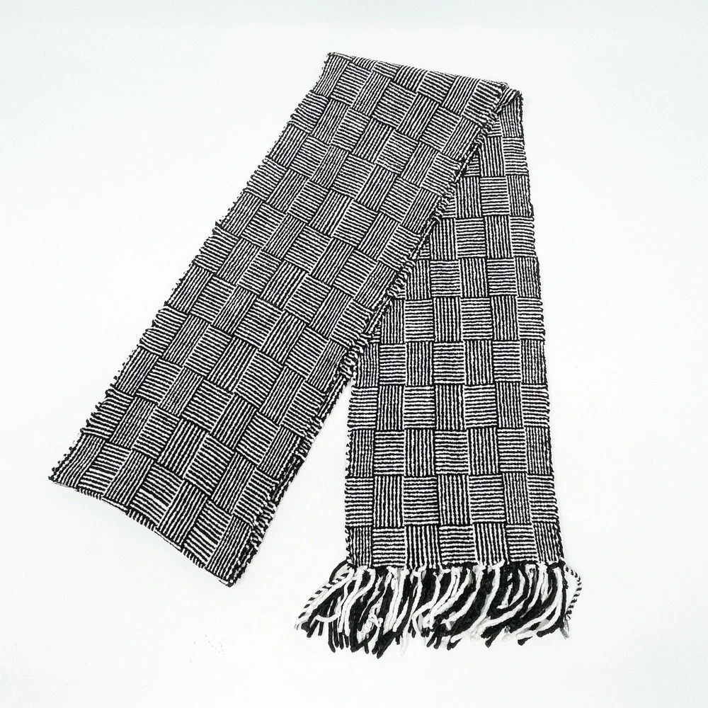 Modern Black White Chenille Fringe Scarf Checkerboard Stripe Geometric Soft
